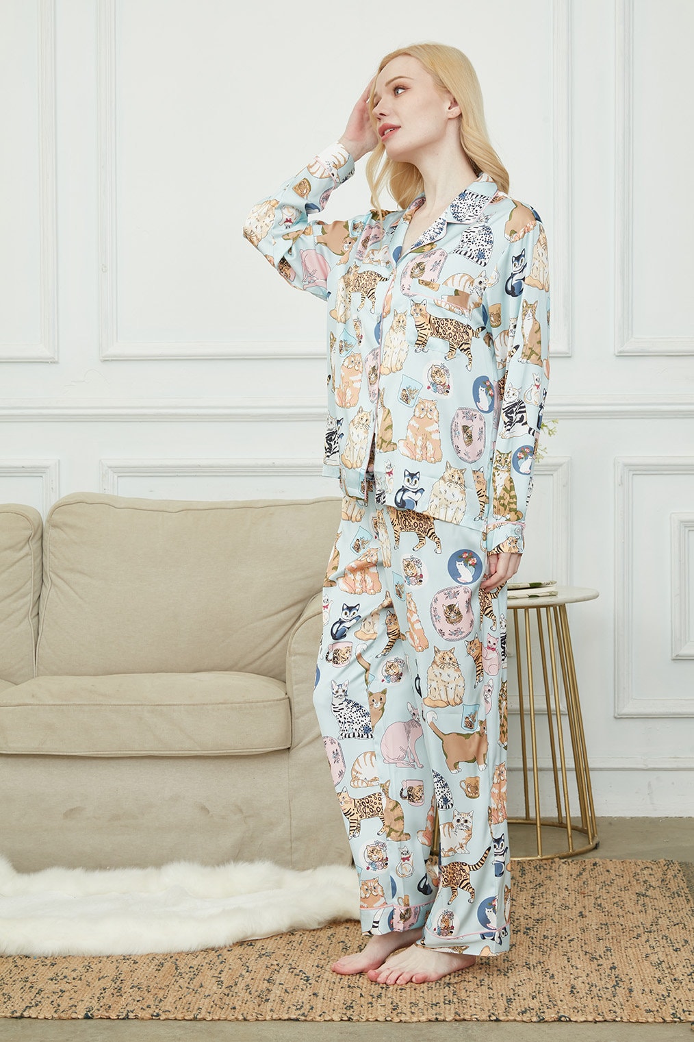 Satin Long Pyjama Set, Bride And Bridesmaids Pajama, Pajama Set For Women , Cat Print, Gift For Cat persons,Could Be Wear Outside