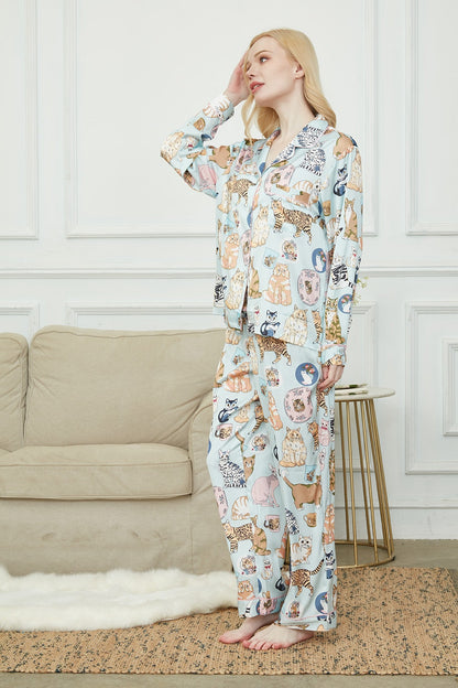 Satin Long Pyjama Set, Bride And Bridesmaids Pajama, Pajama Set For Women , Cat Print, Gift For Cat persons,Could Be Wear Outside