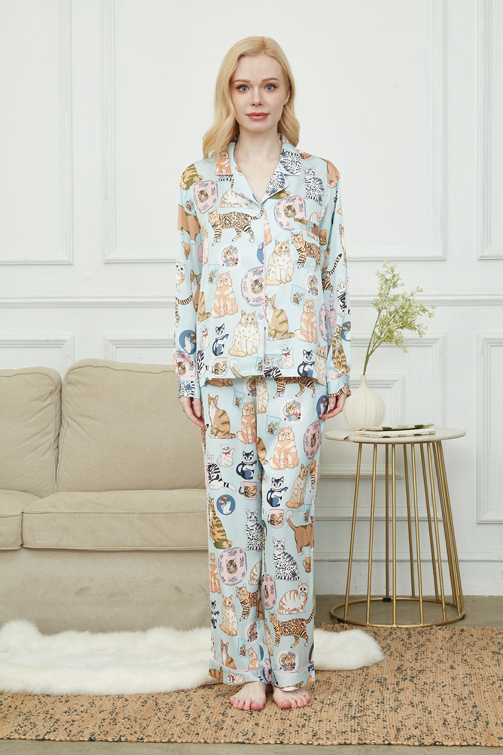 Satin Long Pyjama Set, Bride And Bridesmaids Pajama, Pajama Set For Women , Cat Print, Gift For Cat persons,Could Be Wear Outside