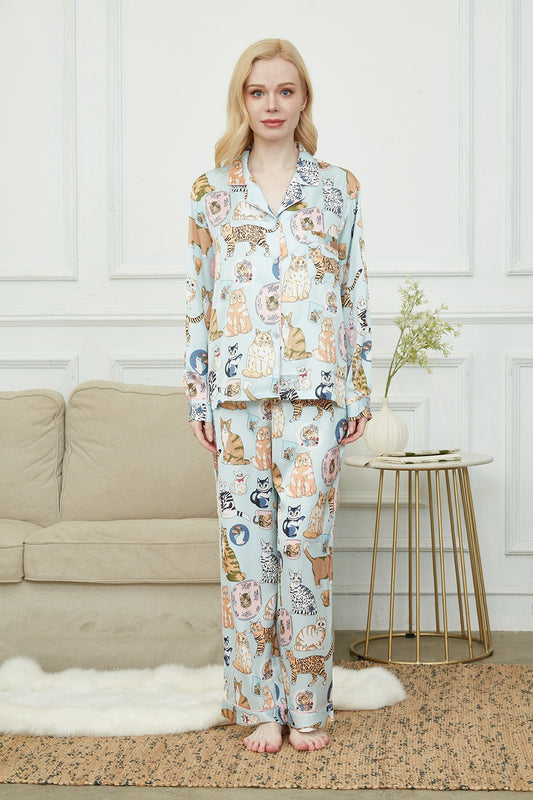 Satin Long Pyjama Set, Bride And Bridesmaids Pajama, Pajama Set For Women , Cat Print, Gift For Cat persons,Could Be Wear Outside