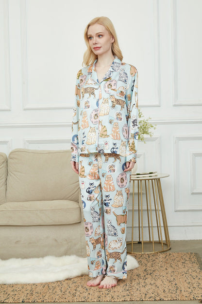 Satin Long Pyjama Set, Bride And Bridesmaids Pajama, Pajama Set For Women , Cat Print, Gift For Cat persons,Could Be Wear Outside
