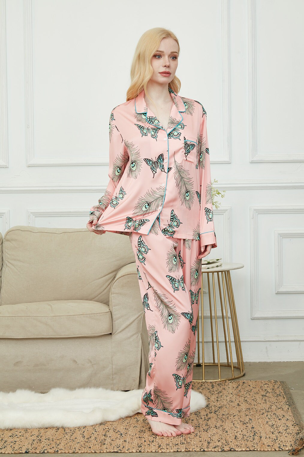 Satin Pajama Set For Women, Bride And Bridesmaids Pajama, Butterflies In The Backyard ,Soft Silky Polyester, Gift For Her