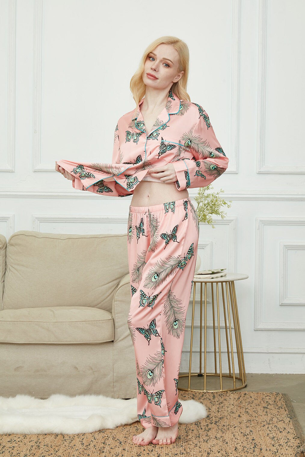 Satin Pajama Set For Women, Bride And Bridesmaids Pajama, Butterflies In The Backyard ,Soft Silky Polyester, Gift For Her