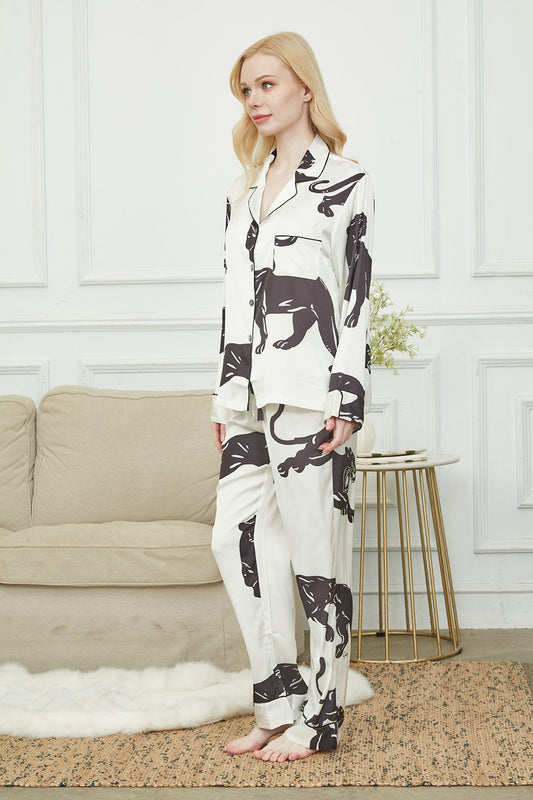 Satin Long Pyjama Set, Bride And Bridesmaids Pajama, Pajama Set For Women , Black Panther Print, Gift For Her,Could Be Wear Outside