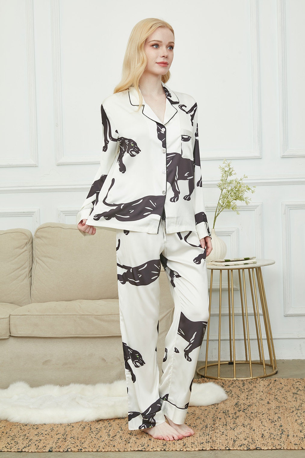 Satin Long Pyjama Set, Bride And Bridesmaids Pajama, Pajama Set For Women , Black Panther Print, Gift For Her,Could Be Wear Outside