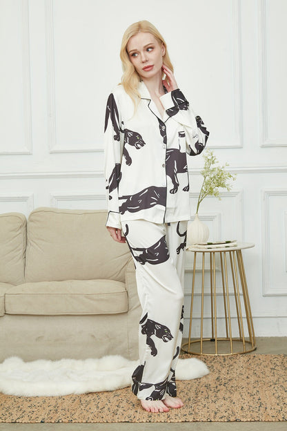 Satin Long Pyjama Set, Bride And Bridesmaids Pajama, Pajama Set For Women , Black Panther Print, Gift For Her,Could Be Wear Outside