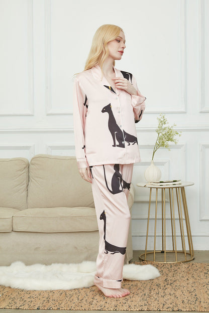 Silky Long Pyjama Set, Bride And Bridesmaids Pajama, Pajama Set For Women , Black Sphinx Print, Gift For Cat persons,Could Be Wear Outside