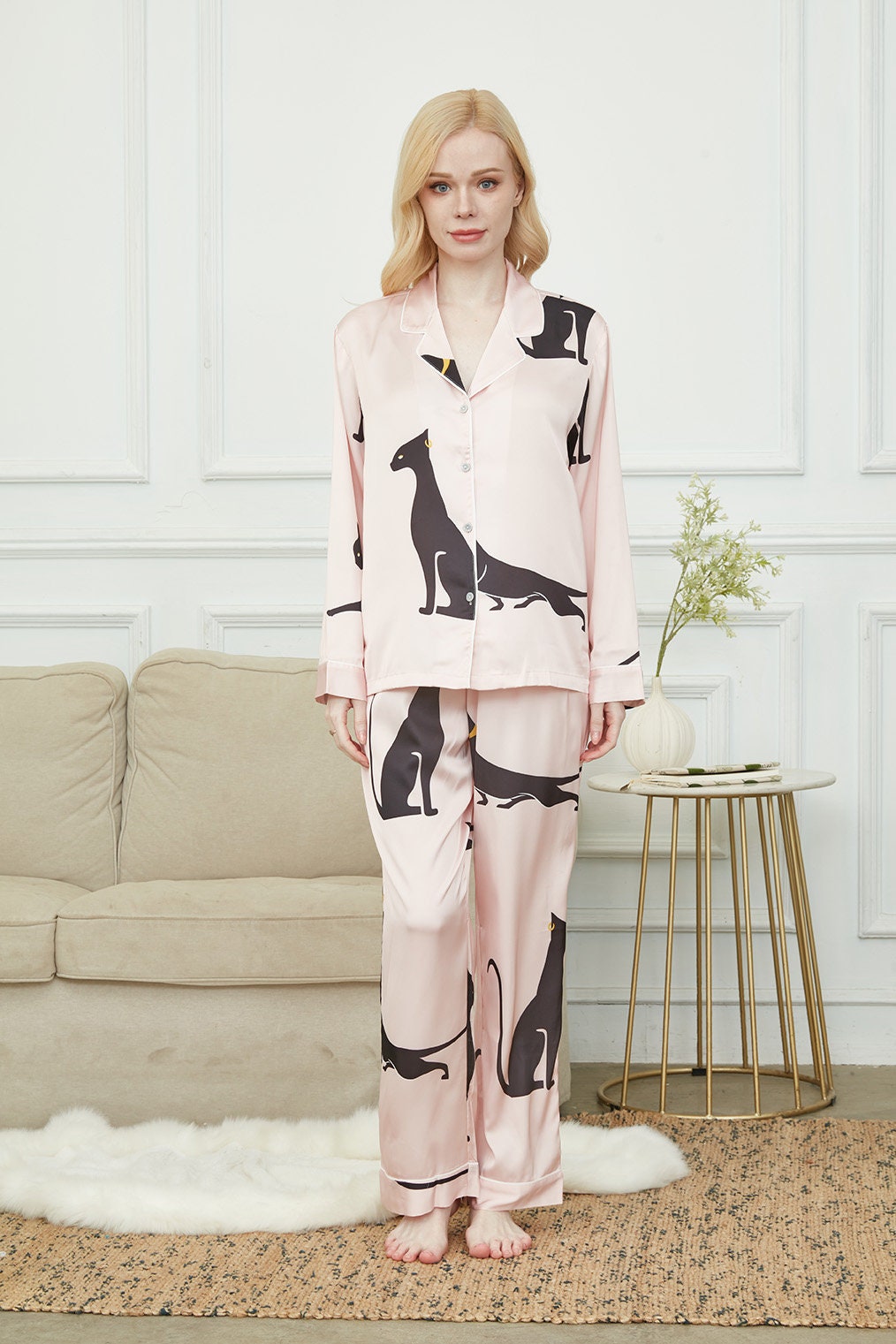 Silky Long Pyjama Set, Bride And Bridesmaids Pajama, Pajama Set For Women , Black Sphinx Print, Gift For Cat persons,Could Be Wear Outside