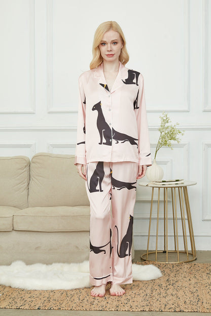 Silky Long Pyjama Set, Bride And Bridesmaids Pajama, Pajama Set For Women , Black Sphinx Print, Gift For Cat persons,Could Be Wear Outside