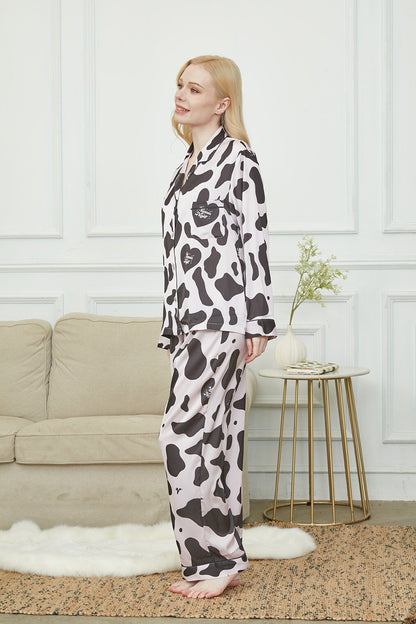 Satin Pajama Set For Women, Bride And Bridesmaids Pajama, Cow Print,Soft Silky Polyester, Gift For Her