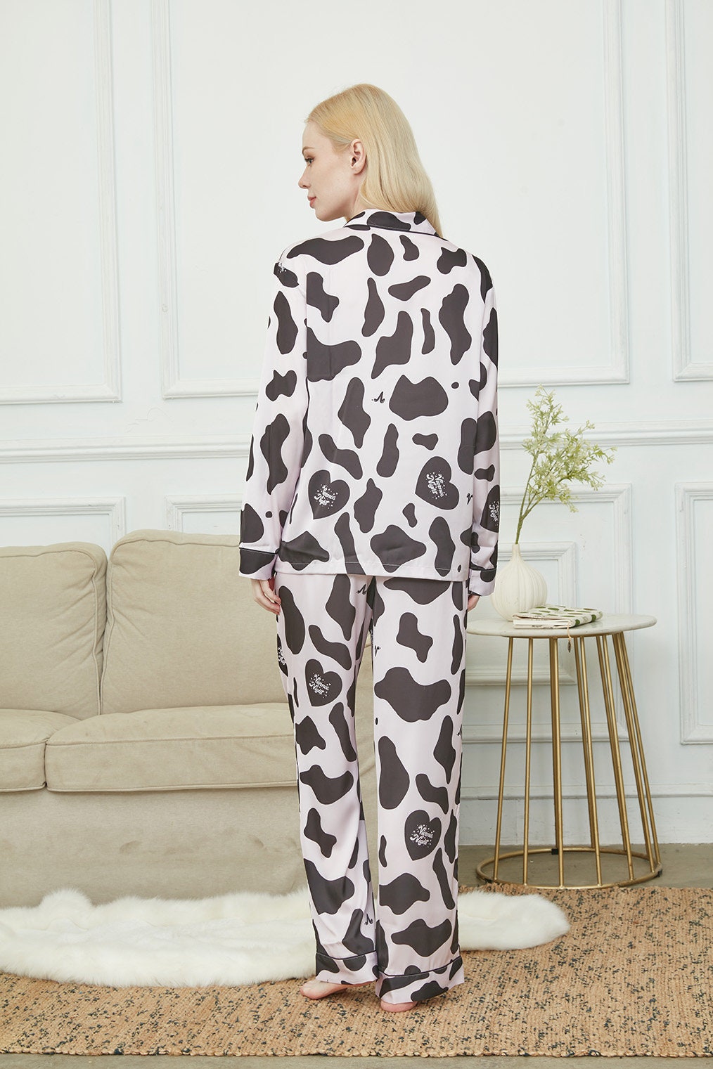 Satin Pajama Set For Women, Bride And Bridesmaids Pajama, Cow Print,Soft Silky Polyester, Gift For Her