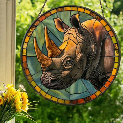 Rhinoceros: Stained Glass Style Window Hanging Made With Real Glass
