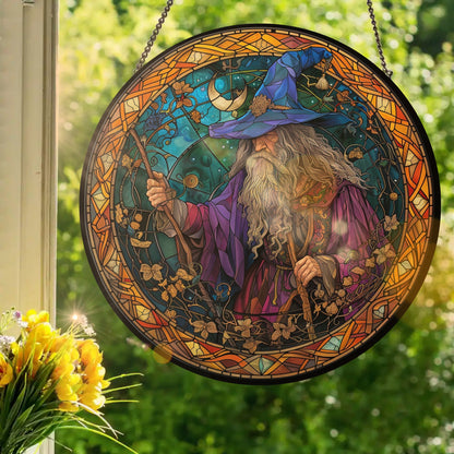 Wizard with a Crescent Moon: Stained Glass Style Window Hanging Made With Real Glass