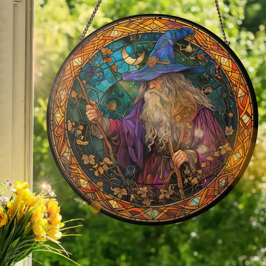 Wizard with a Crescent Moon: Stained Glass Style Window Hanging Made With Real Glass