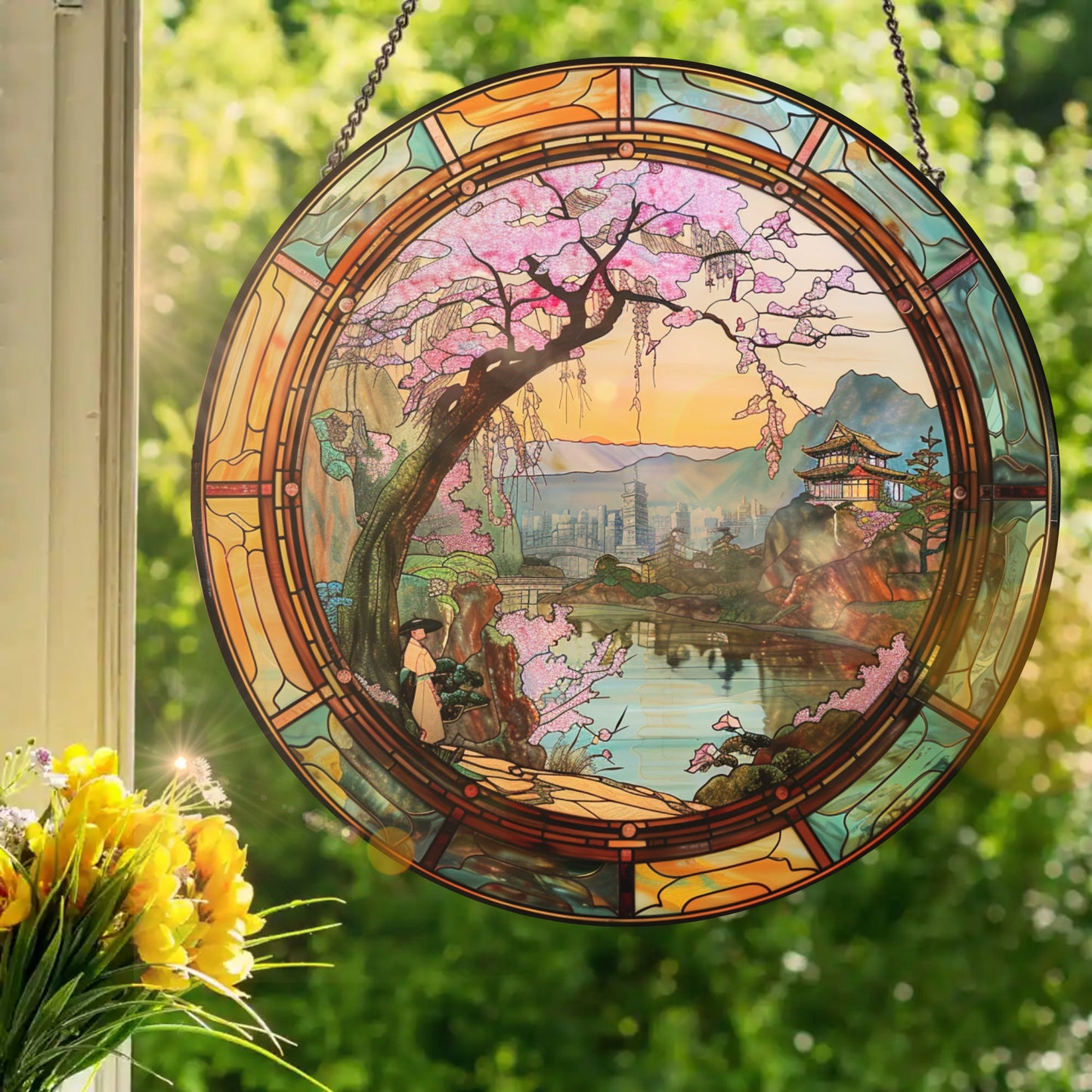 Japanese River: Stained Glass Style Window Hanging