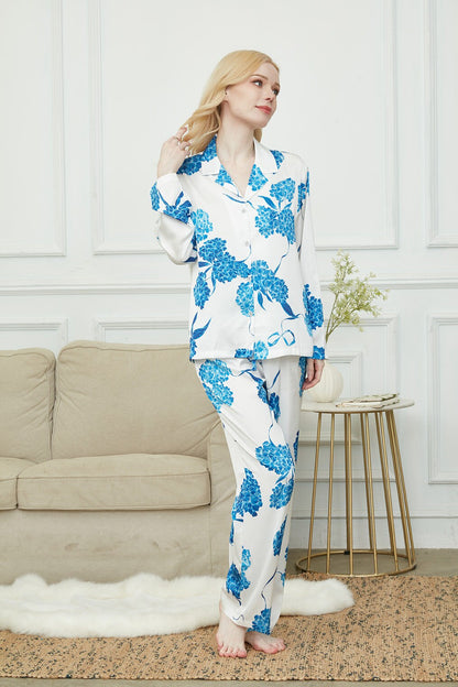 Satin Laurustinus Print Long Pyjama Set, Bride And Bridesmaids Pajama,Gift For Her, Personalized Gift For Bridesmaids?2 Colors Available