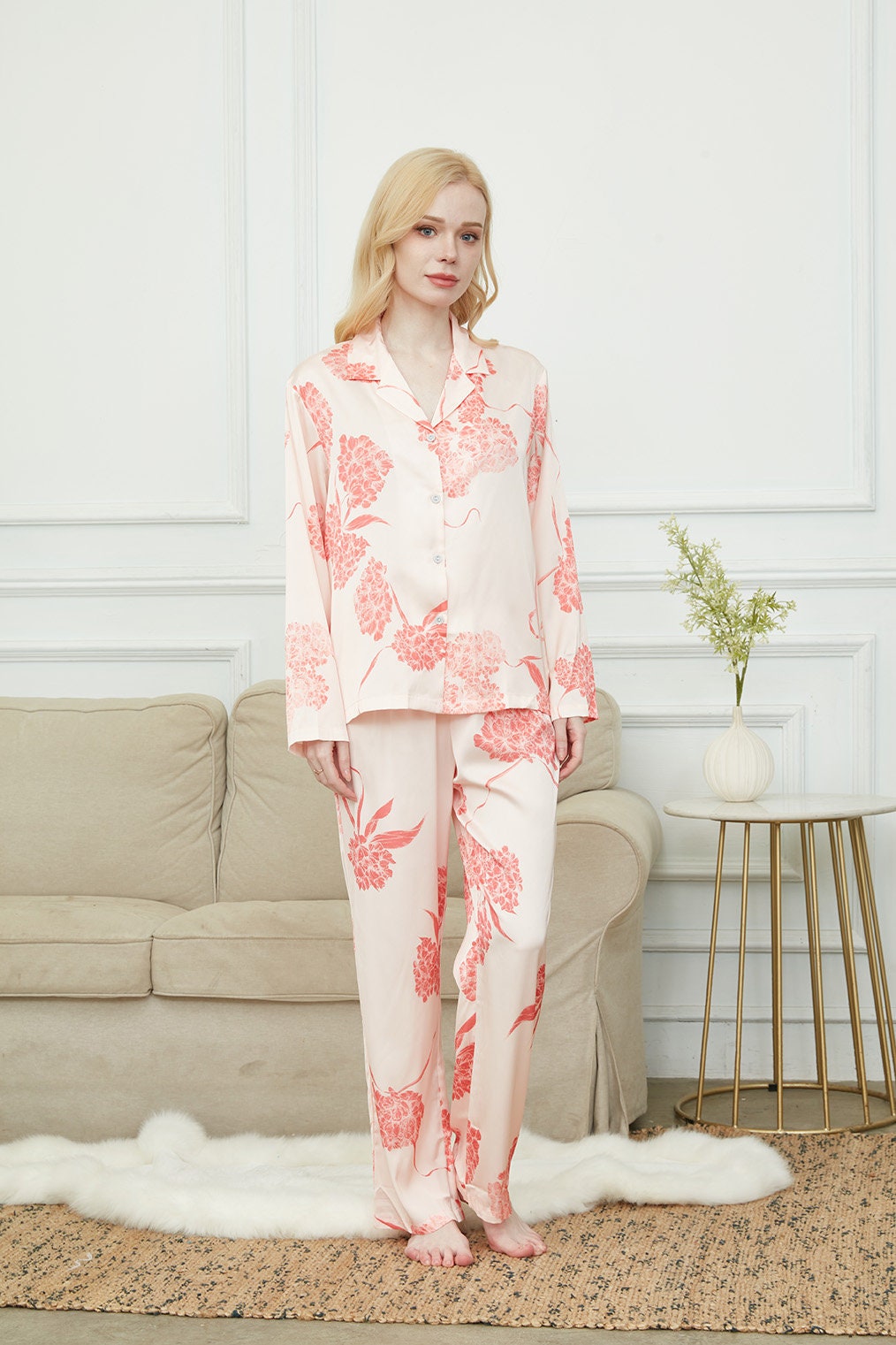 Satin Laurustinus Print Long Pyjama Set, Bride And Bridesmaids Pajama, Pajama For Women , Personalized Gift For Bridesmaids2Colors Available