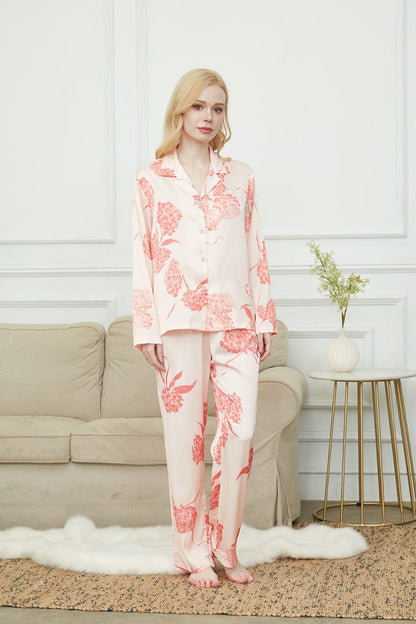 Satin Laurustinus Print Long Pyjama Set, Bride And Bridesmaids Pajama, Pajama For Women , Personalized Gift For Bridesmaids2Colors Available