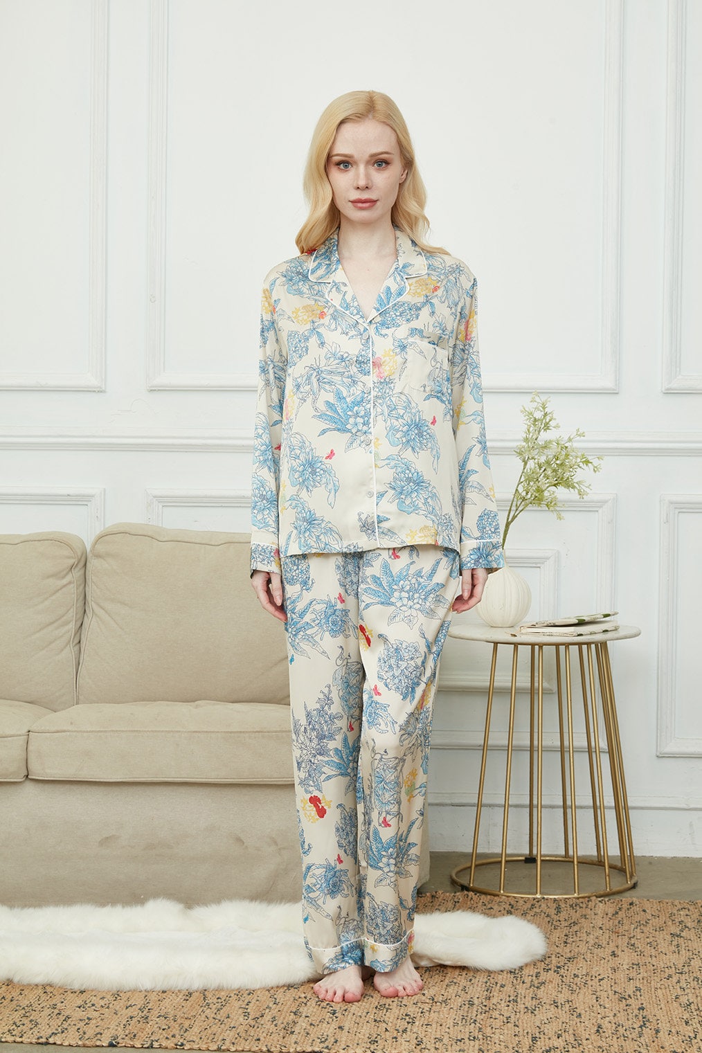 Satin Long Pyjama Set, Bride And Bridesmaids Pajama, Pajama Set For Women, Monet's Garden , Gift For Her, Personalized Gift For Bridesmaids