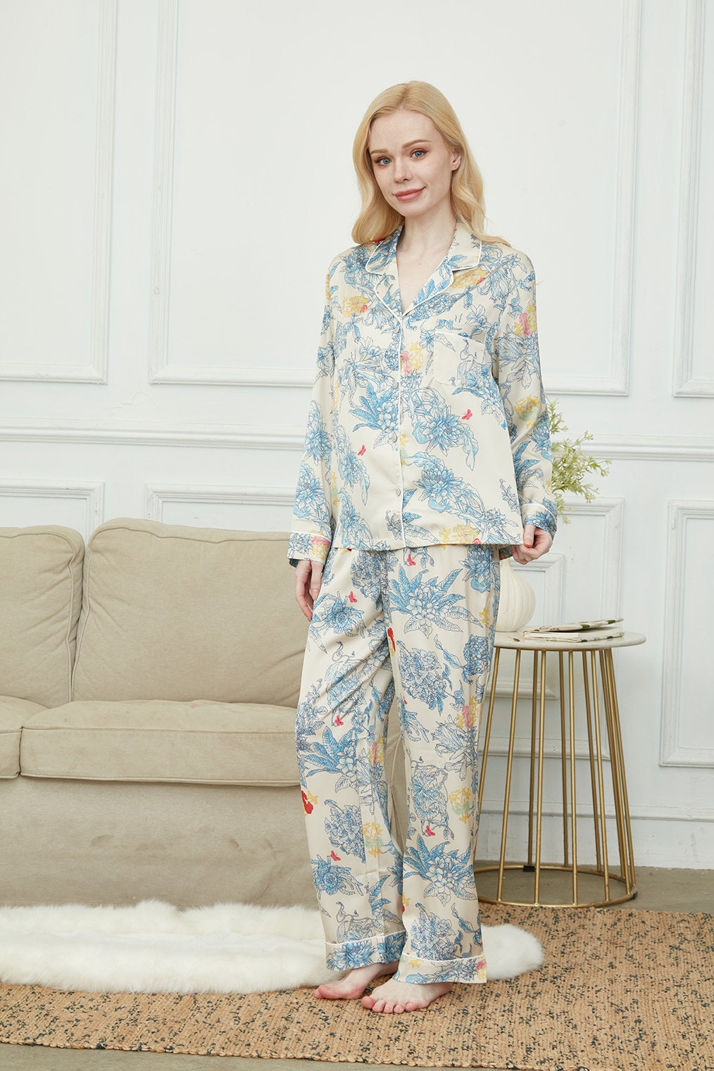 Satin Long Pyjama Set, Bride And Bridesmaids Pajama, Pajama Set For Women, Monet's Garden , Gift For Her, Personalized Gift For Bridesmaids