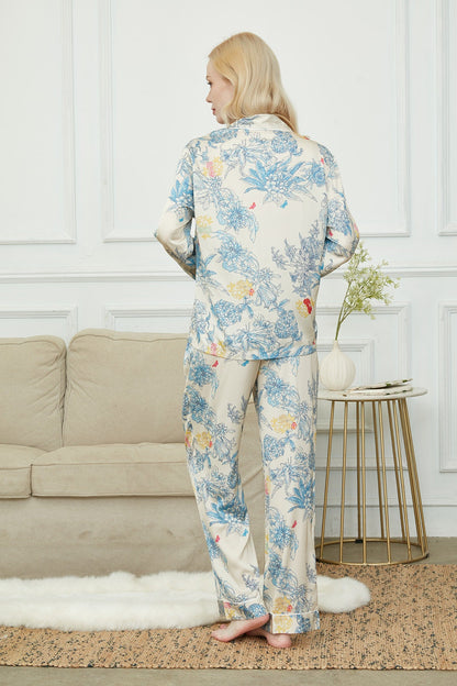 Satin Long Pyjama Set, Bride And Bridesmaids Pajama, Pajama Set For Women, Monet's Garden , Gift For Her, Personalized Gift For Bridesmaids