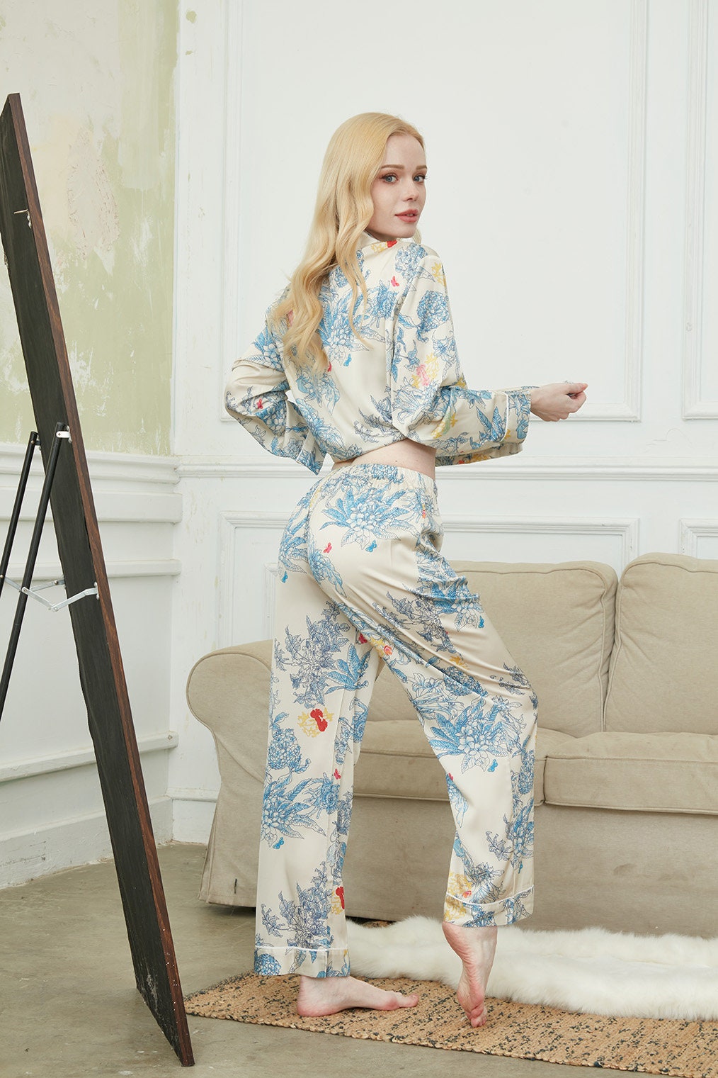 Satin Long Pyjama Set, Bride And Bridesmaids Pajama, Pajama Set For Women, Monet's Garden , Gift For Her, Personalized Gift For Bridesmaids