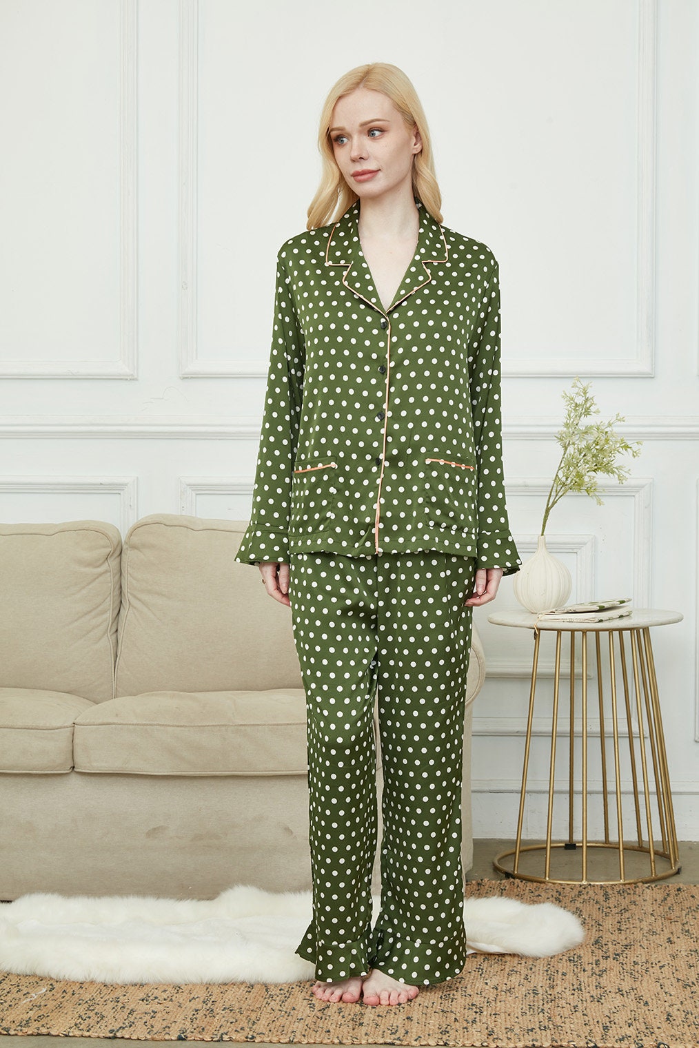 Silky Long Pyjama Set, Bride And Bridesmaids Pajama, Pajama Set For Women, Classic Polka Dot , Gift For Her, Soft Satin Pajama Set