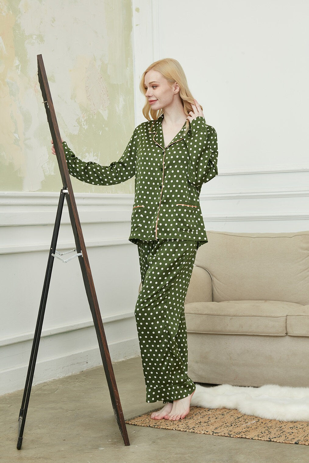 Silky Long Pyjama Set, Bride And Bridesmaids Pajama, Pajama Set For Women, Classic Polka Dot , Gift For Her, Soft Satin Pajama Set