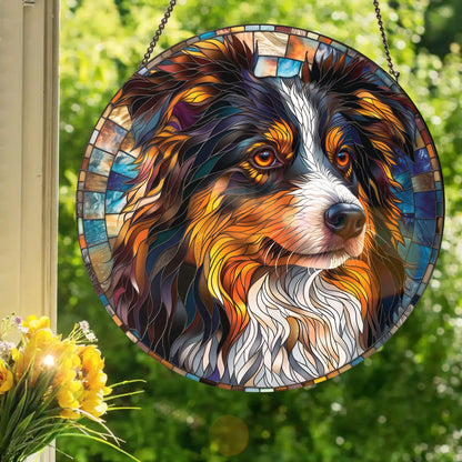Mini Australian Shepherd: Stained Glass Style Window Hanging