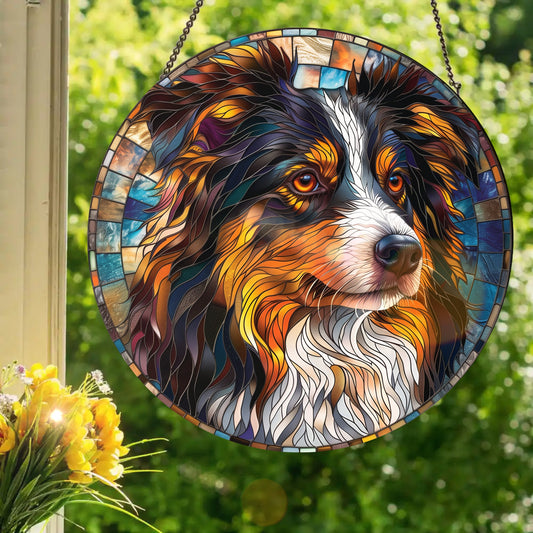 Mini Australian Shepherd: Stained Glass Style Window Hanging