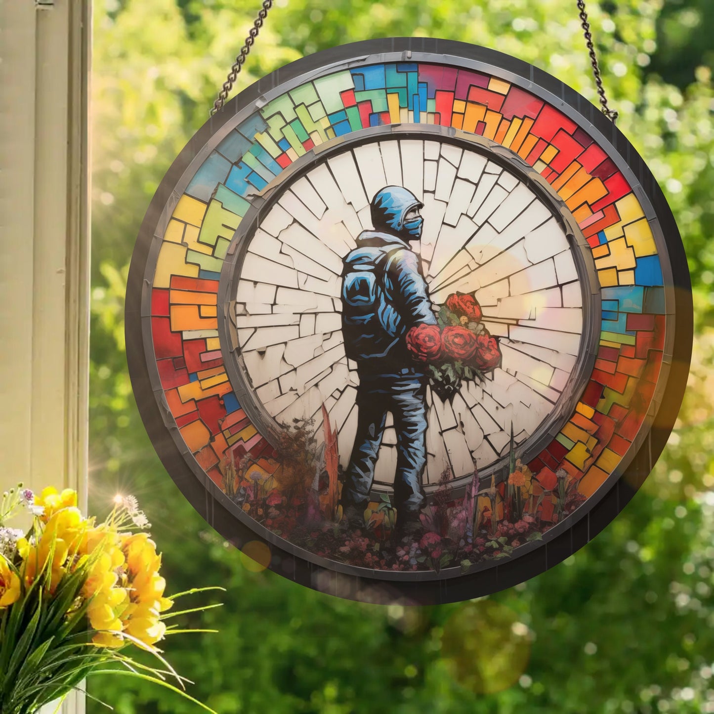 Apocalyptic Flower Fighter: Stained Glass Style Window Hanging Made With Real Glass
