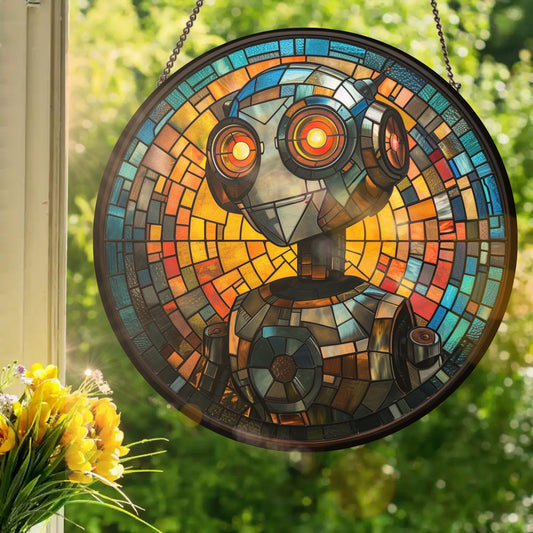 Sci-Fi AI Robot: Stained Glass Style Window Hanging Made With Real Glass