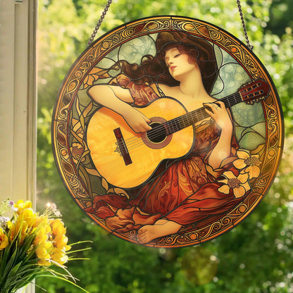 Nouveau Vitrail Femme Avec Guitare: Stained Glass Style Window Hanging Made With Real Glass