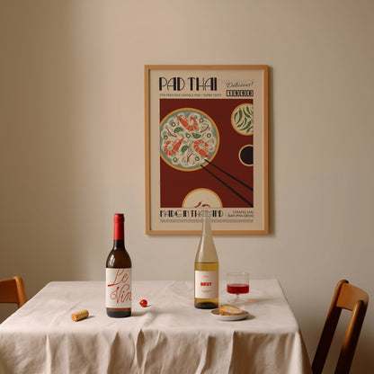 Pad Thai Poster, Kitchen Poster, Kitchen Print, Food Poster, Modern Kitchen Decor, Illustration, Thailand, Food, Chef Print, Retro Wall Art