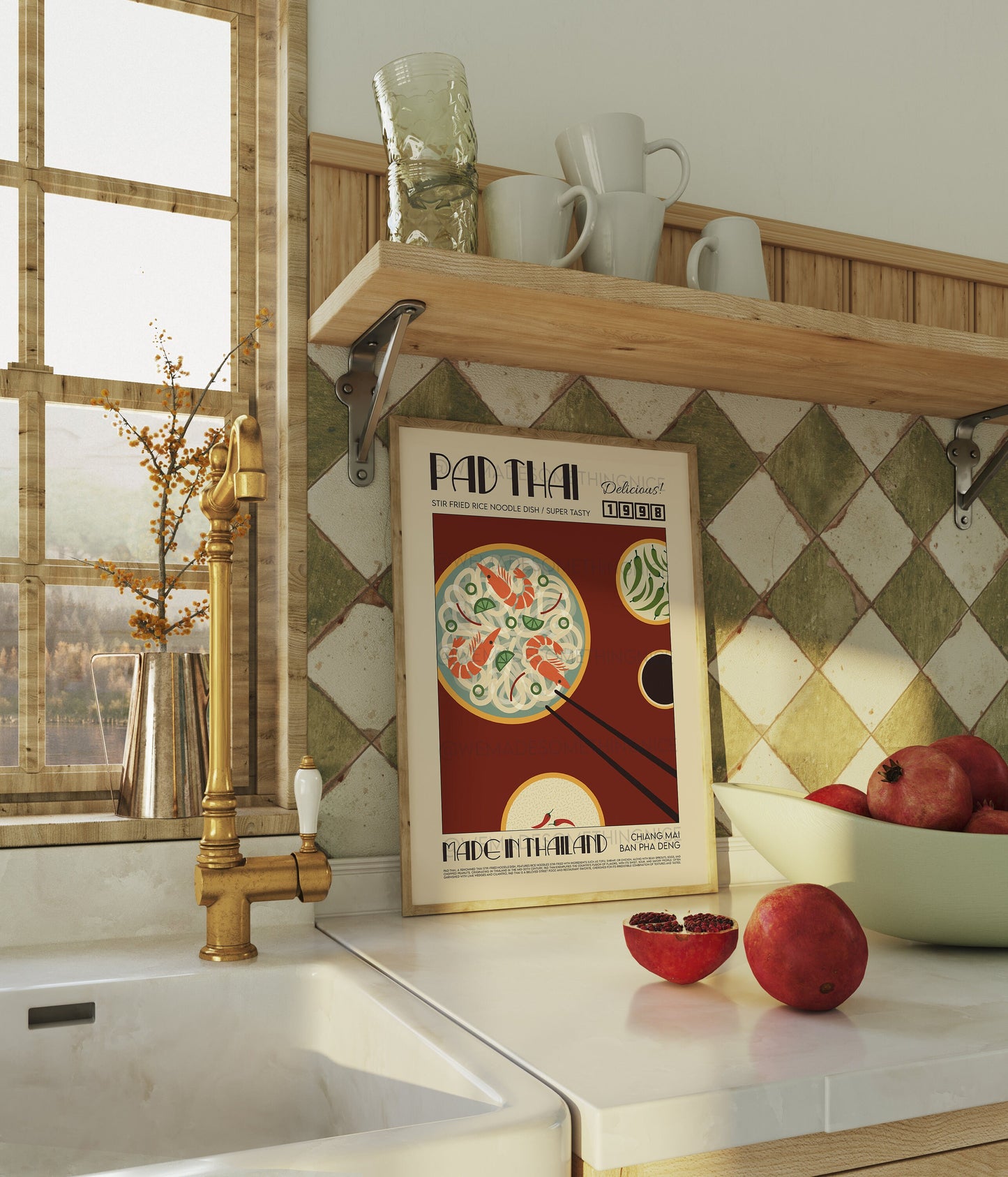 Pad Thai Poster, Kitchen Poster, Kitchen Print, Food Poster, Modern Kitchen Decor, Illustration, Thailand, Food, Chef Print, Retro Wall Art