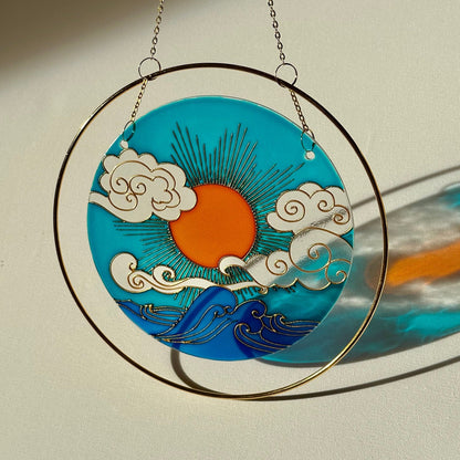 Sentimental gift Suncatcher for window Sea Sun Cloud chime Mothers day Aesthetic room decor  Stained glass painting