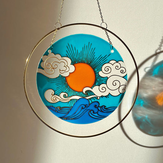 Sentimental gift Suncatcher for window Sea Sun Cloud chime Mothers day Aesthetic room decor  Stained glass painting