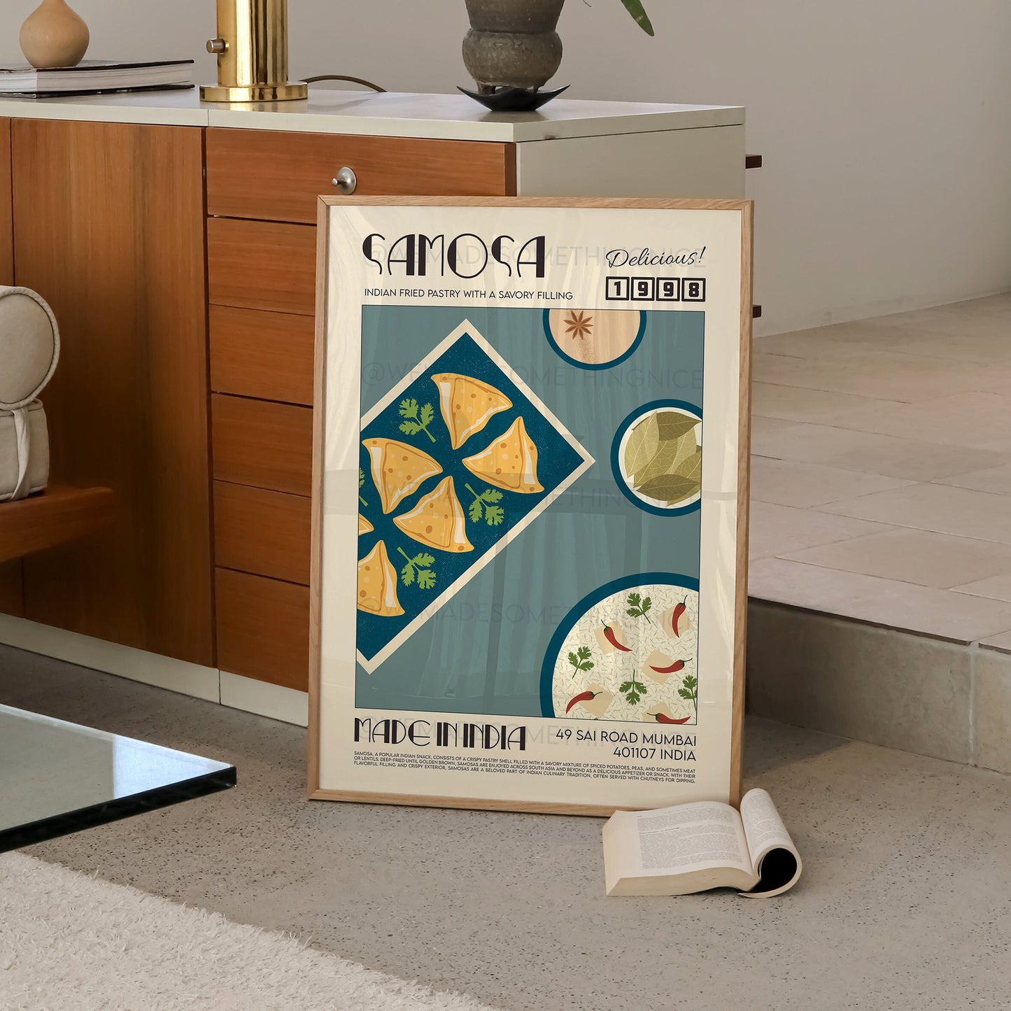 Samosa Poster, Kitchen Art, Food Illustration, Food Print, Modern Kitchen Decor, Travel Poster,  Kitchen Poster, Retro Wall Art, India Print