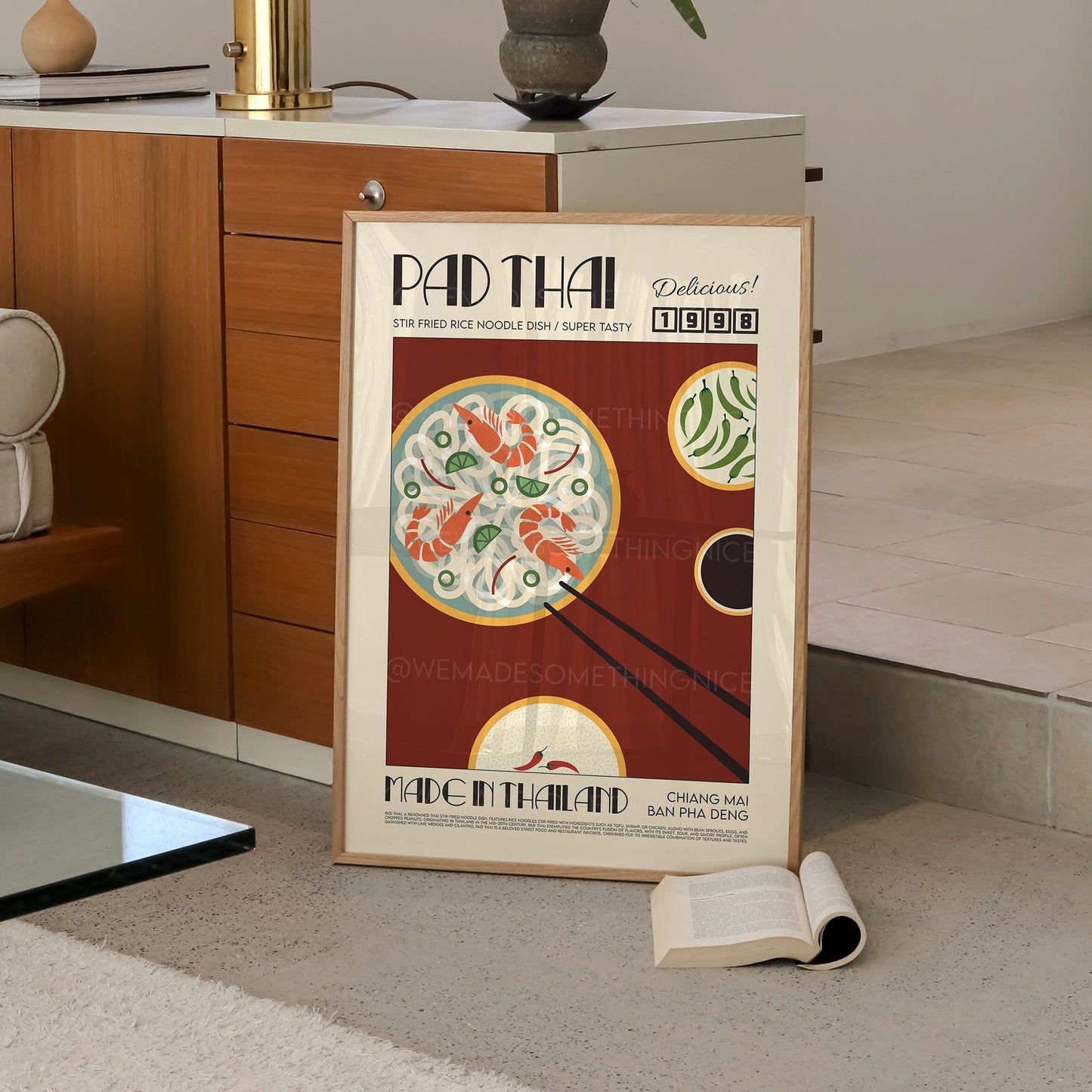 Pad Thai Poster, Kitchen Poster, Kitchen Print, Food Poster, Modern Kitchen Decor, Illustration, Thailand, Food, Chef Print, Retro Wall Art