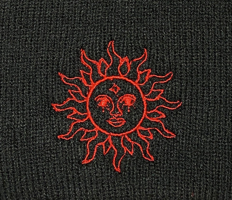 CELESTIAL SUN Beanie, Red Sun Embroidered Beanie, Lunar Spiritual Rave Hat Beanie Cosmic Solstice Astrology Spiritual Mystical Galactic Sol