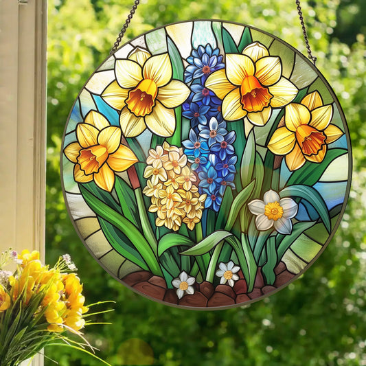 Daffodils and Hyacinth: Stained Glass Style Window Hanging
