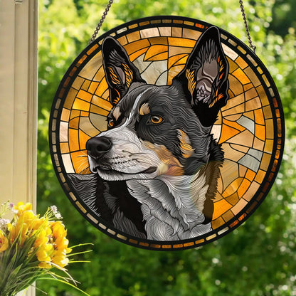Tri-Color Cattle Dog: Stained Glass Style Window Hanging