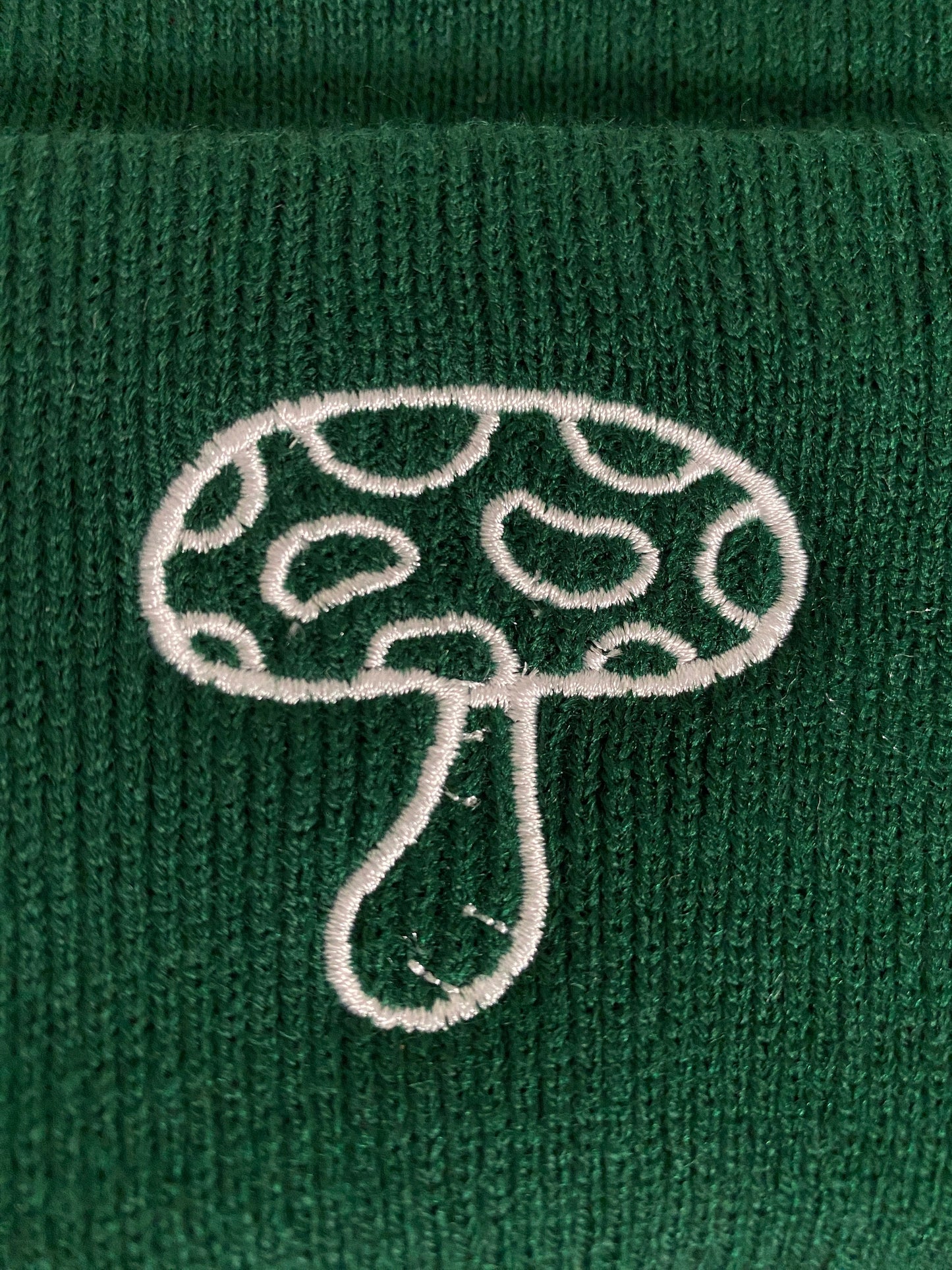 WHITE MUSHROOM Beanie, Mushroom Outline Embroidered Forest Green Beanie, Rave Beanie Hat, Nature Themed Plant Lovers Gift Present Simple