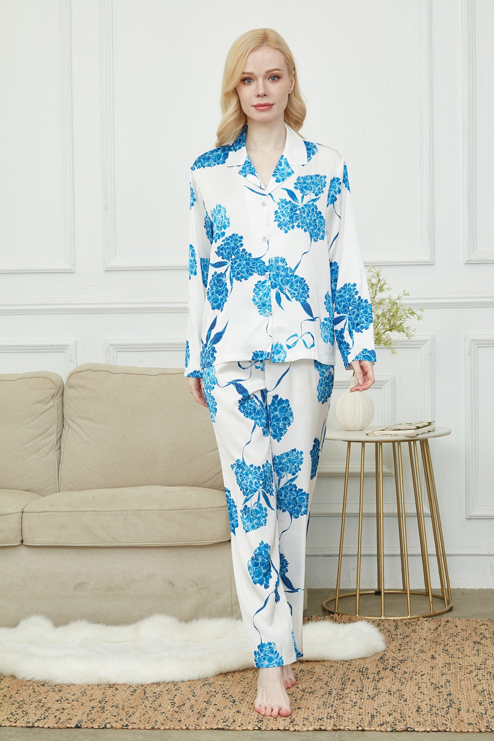 Satin Laurustinus Print Long Pyjama Set, Bride And Bridesmaids Pajama, Pajama For Women , Personalized Gift For Bridesmaids2Colors Available