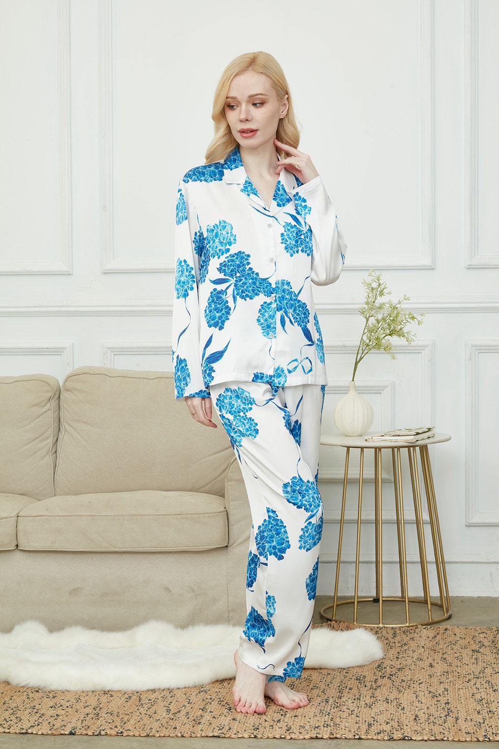 Satin Laurustinus Print Long Pyjama Set, Bride And Bridesmaids Pajama, Pajama For Women , Personalized Gift For Bridesmaids2Colors Available