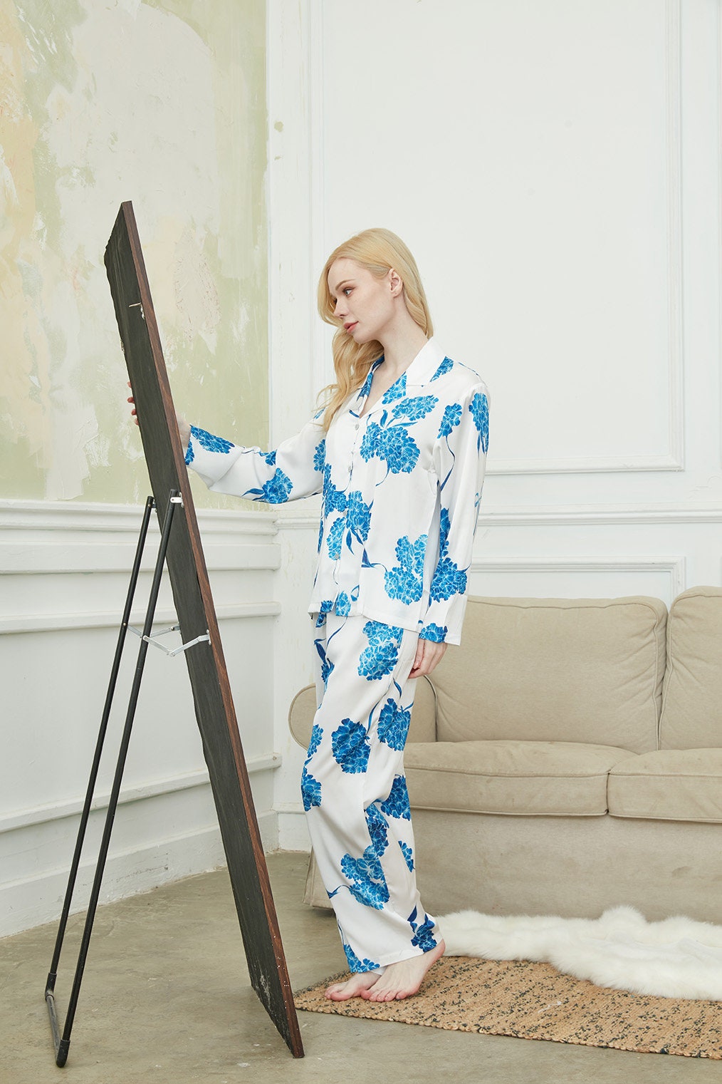 Satin Laurustinus Print Long Pyjama Set, Bride And Bridesmaids Pajama, Pajama For Women , Personalized Gift For Bridesmaids2Colors Available