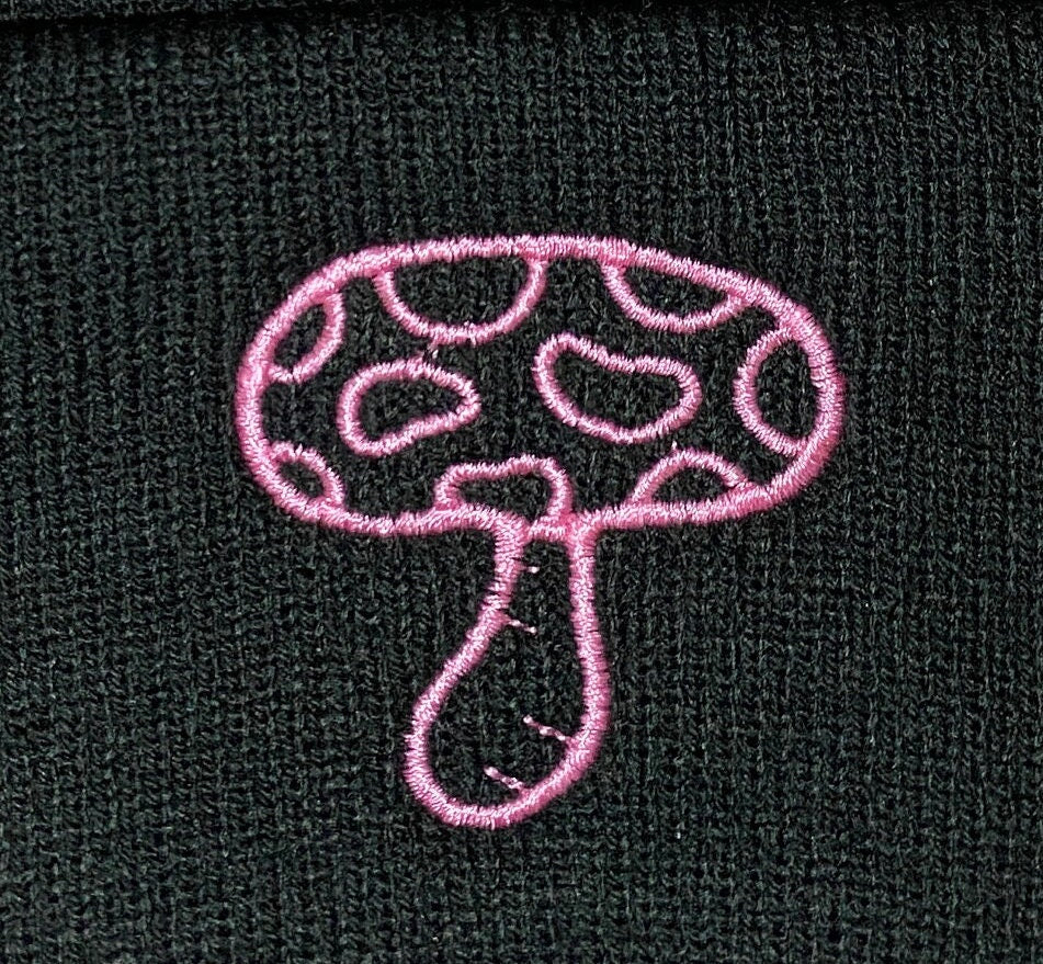 Embroidered PINK MUSHROOM Beanie, Hot Pastel Pink Mushroom Outline Beanie, Rave Beanie Hat, Nature Themed Plant Lovers Gift Present Simple