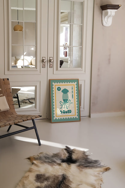 Squid Print, Coastal Decor, Kitchen Poster, Kitchen Print, Coastal Poster, Retro Food Print, Food Art, Seaside, Trendy Wall Art, Home Decor