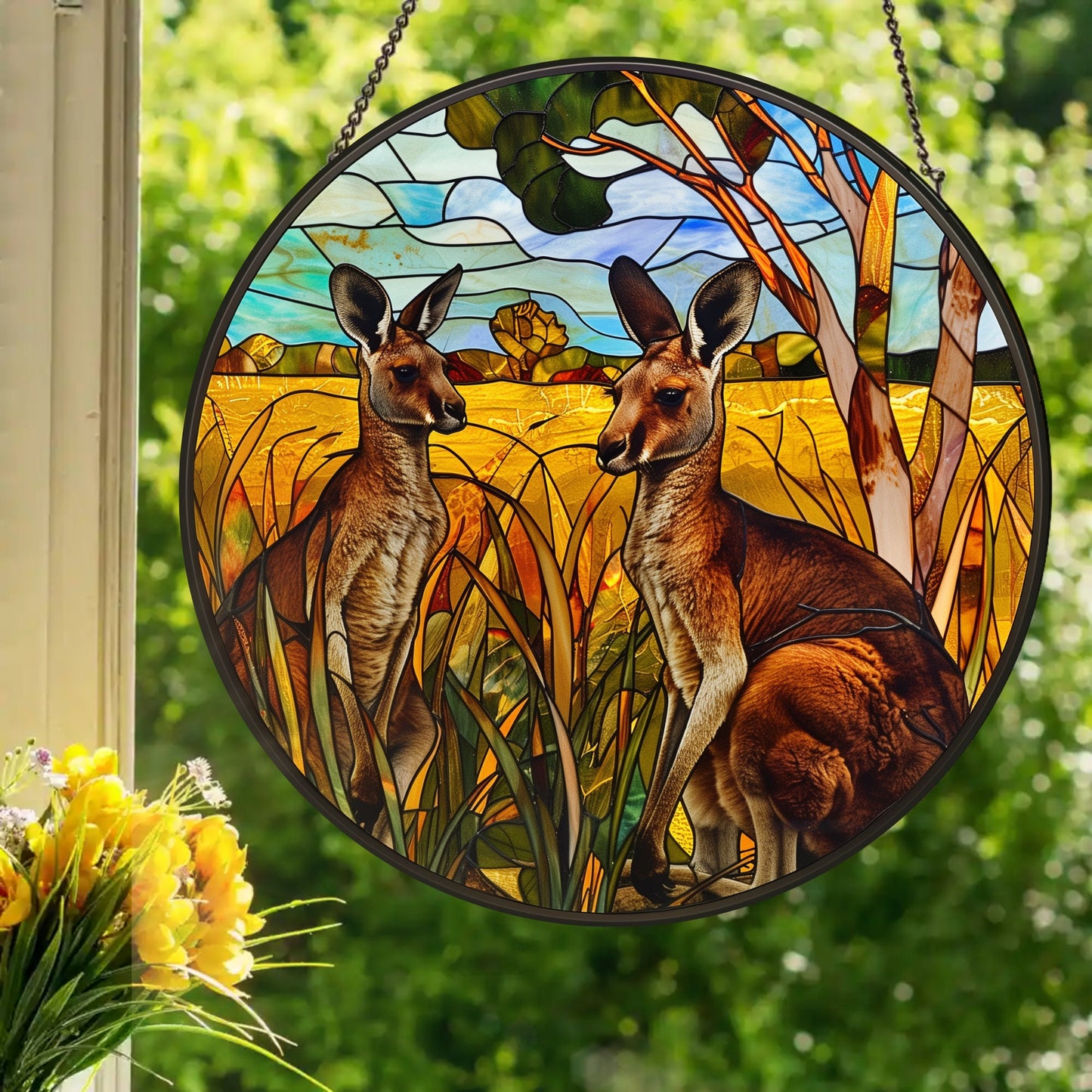Curious Kangaroos: Stained Glass Style Window Hanging Made With Real Glass