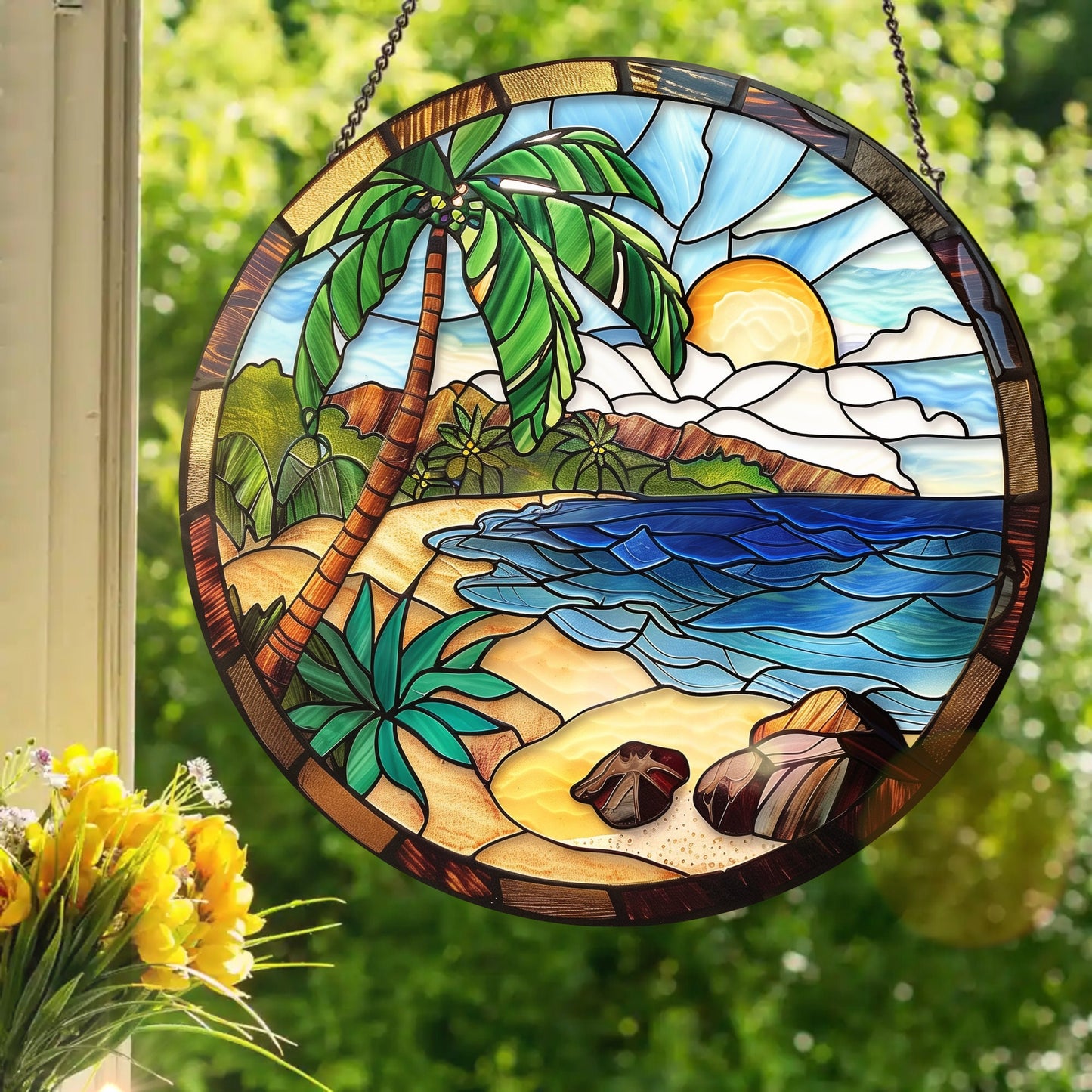 Tropical Beach: Stained Glass Style Window Hanging Made With Real Glass